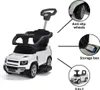 A white ride-on toy car resembling a Land Rover Defender, with callouts highlighting its features. Produktbild-Vorschau