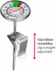 A stainless steel kitchen thermometer with a clip attached to its stem. The thermometer has a dial indicating temperature in both Celsius and Fahrenheit, with colored zones for specific temperature ranges. Text in German and English explains that the clip  Anteprima dell’immagine prodotto