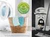 A split image showing a laundry basket with cleaning cloths on the left and a cartoon trash can on the right. Produktbild-Vorschau