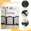 A black wooden pet gate is shown in a home setting, with dining chairs and a table visible in the background. Close-up insets highlight the gate's features. Anteprima dell’immagine prodotto