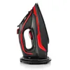 A black and red steam iron with its charging base, set against a white background. Voir les images du produit