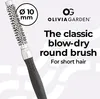 A close-up marketing image of a round hairbrush with text overlays describing its features and brand. Voir les images du produit