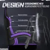 A gaming chair with diagrams highlighting its ergonomic features, superimposed over a silhouette of a human spine. Produktbild-Vorschau