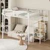 A loft bed with a sofa underneath, set up in a bedroom with a bookshelf in the background. Náhled obrázku produktu