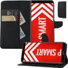 A black flip case for a Huawei P Smart phone, shown open with the phone inside and a wallet section visible. The phone screen displays a red background with white chevron patterns and the text 'P SMART'. Produktbild-Vorschau