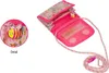 A pink children's purse with a floral pattern and a bee charm, shown open with a strap. Produktbild-Vorschau