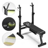 A black adjustable weight bench with a rack for barbells, shown on a white background with close-up insets highlighting features. Náhled obrázku produktu