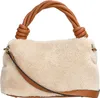 A beige fuzzy handbag with brown leather accents and handles is shown against a white background. Produktbild-Vorschau
