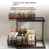 A two-tiered metal kitchen organizer shelf holding various bottles and jars. Voir les images du produit