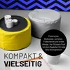 Two poufs, one yellow and one gray, are shown in a room with a blue patterned background. Text overlays describe the product's features. Anteprima dell’immagine prodotto