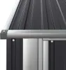 A close-up view of the corner and roof of a dark gray metal shed. Produktbild-Vorschau