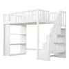 A white loft bed with stairs and shelves, shown against a white background. Produktbild-Vorschau