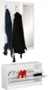 A white hallway furniture set including a wall-mounted coat rack with a mirror and a shoe cabinet. Produktbild-Vorschau