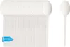 A stack of white plastic spoons on the left and a single spoon on the right, against a white background. Produktbild-Vorschau