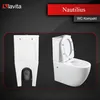 A marketing image showcasing two different toilet models against a dark background with a red and grey overlay at the top. Produktbild-Vorschau