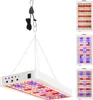 A collage of LED grow lights for indoor plants, showing different light spectrums and a hanging mechanism. Náhled obrázku produktu