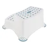 A white two-step stool with blue polka dots and blue trim on the feet, isolated on a white background. Produktbild-Vorschau