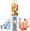 A portable blender with a clear bottle filled with fruits, surrounded by ice cubes and glasses of smoothies. Produktbild-Vorschau