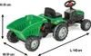A green and black pedal tractor with a trailer, shown from a side-angle with dimensions indicated by arrows and text. Produktbild-Vorschau
