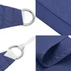 A collage of close-up images showing details of a blue sun sail, including reinforced corners with D-rings and stitching. Voir les images du produit