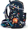 A navy blue backpack with a colorful polka dot pattern and a circular patch on the front. Voir les images du produit