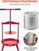 A fruit press and its stainless steel basket are shown, with a close-up of the basket being cleaned. Voir les images du produit
