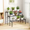 A multi-tiered black metal plant stand filled with various potted plants, placed indoors near a window with sheer curtains and next to a white cabinet. Podgląd zdjęcia produktu