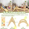 A collage of images showing children playing with a wooden climbing set indoors, with text overlays describing the product. Produktbild-Vorschau