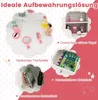 A collage of images showcasing a children's vanity desk set with different storage features. Podgląd zdjęcia produktu