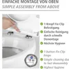 A hand is shown pressing a button on a toilet seat hinge, demonstrating a feature. Text highlights the benefits of the product. Produktbild-Vorschau