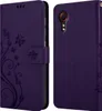 A purple phone case with a floral and butterfly design is shown open and closed. Náhled obrázku produktu