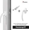 A white window handle and screws are shown against a white background, with text indicating it is a window handle. Náhľad obrázku produktu