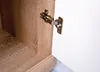 A close-up view of a cabinet hinge connecting a wooden cabinet door to the cabinet frame. Produktbild-Vorschau