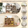 A collage showing a wooden bookshelf in different room settings, including a living room, nursery, bedroom, and home office. Produktbild-Vorschau
