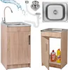 A collage of images showing a kitchen sink unit with a faucet, plumbing parts, and cleaning supplies, presented from different angles. Produktbild-Vorschau