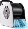 A white and black floor blower with blue air effects emanating from the front. Voir les images du produit