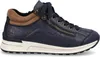 A studio shot of a single blue sneaker with brown accents. Produktbild-Vorschau
