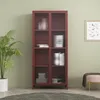 A burgundy glass-door cabinet filled with decorative items and books, placed in a room with a light green wall and a gray rug. Náhľad obrázku produktu