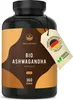 A bottle of Ashwagandha capsules with a tag attached. Produktbild-Vorschau