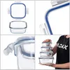 A collage of four images showing glass food storage containers with blue lids. Produktbild-Vorschau