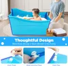 A baby is taking a bath in a blue portable bathtub, with a woman sitting nearby. The image also includes close-up shots of the bathtub's features. Náhled obrázku produktu