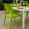 An outdoor dining setting with bright green chairs and a white table. Voir les images du produit