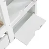 A close-up view of a white wooden bunk bed with a pull-out drawer or shelf. The drawer is partially open, revealing the interior of the shelf. The image focuses on the details of the furniture's construction and design. Náhled obrázku produktu