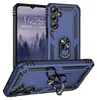 A blue phone case with a ring stand is displayed from multiple angles, with a phone showing the time and date in the background. Produktbild-Vorschau