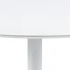 A close-up view of the edge of a white round table and its support column. Voir les images du produit