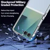 A clear phone case is shown on a cracked surface, implying shockproof protection. Produktbild-Vorschau