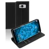 A black leather flip case for a Samsung Galaxy S8 phone is shown open, with the phone displaying its screen. Produktbild-Vorschau