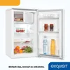 An open white refrigerator with food items inside, set against a white and orange background. Produktbild-Vorschau