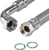 Close-up view of two metal braided hoses with fittings and two washers. Produktbild-Vorschau