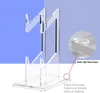 A clear acrylic stand for game controllers, with callouts highlighting its features. Produktbild-Vorschau